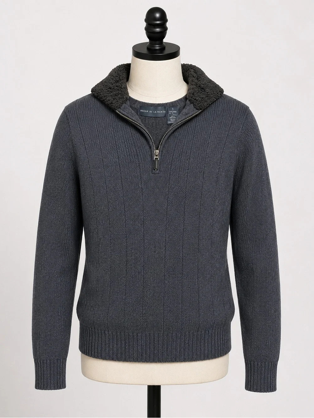 Oscar de la Renta Gray Quarter Zip Knit Sweater Sherpa Collar Men’s S